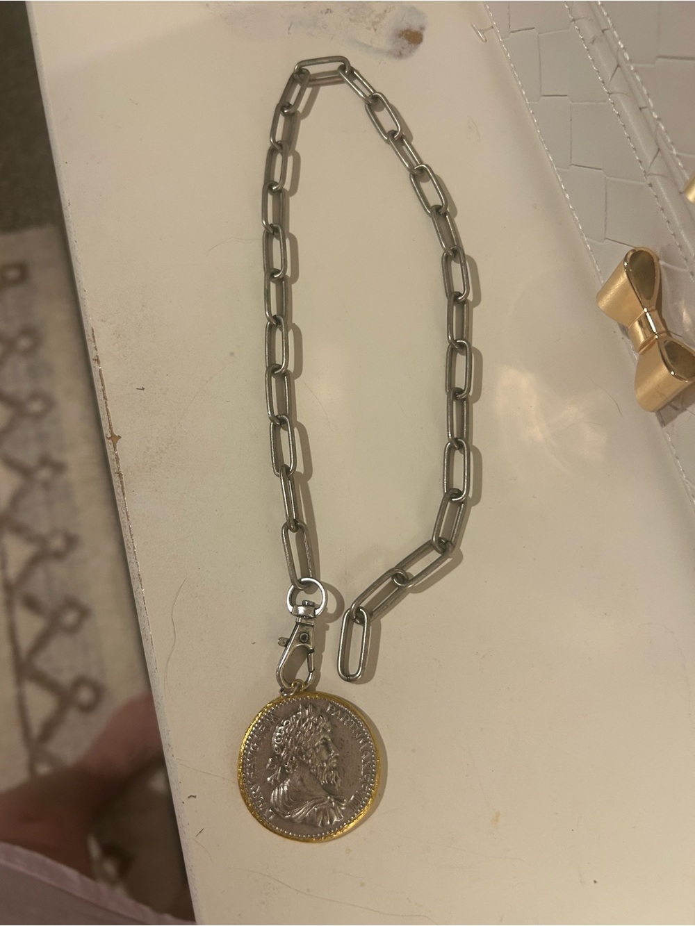Virtue Silver Link Necklace with Gold-Trimmed Coin Pendant